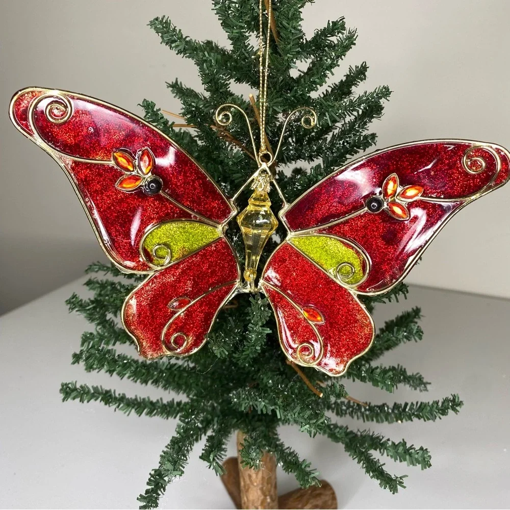 Vintage Red Butterfly Metal Plastic Large 8” Christmas Tree Ornament